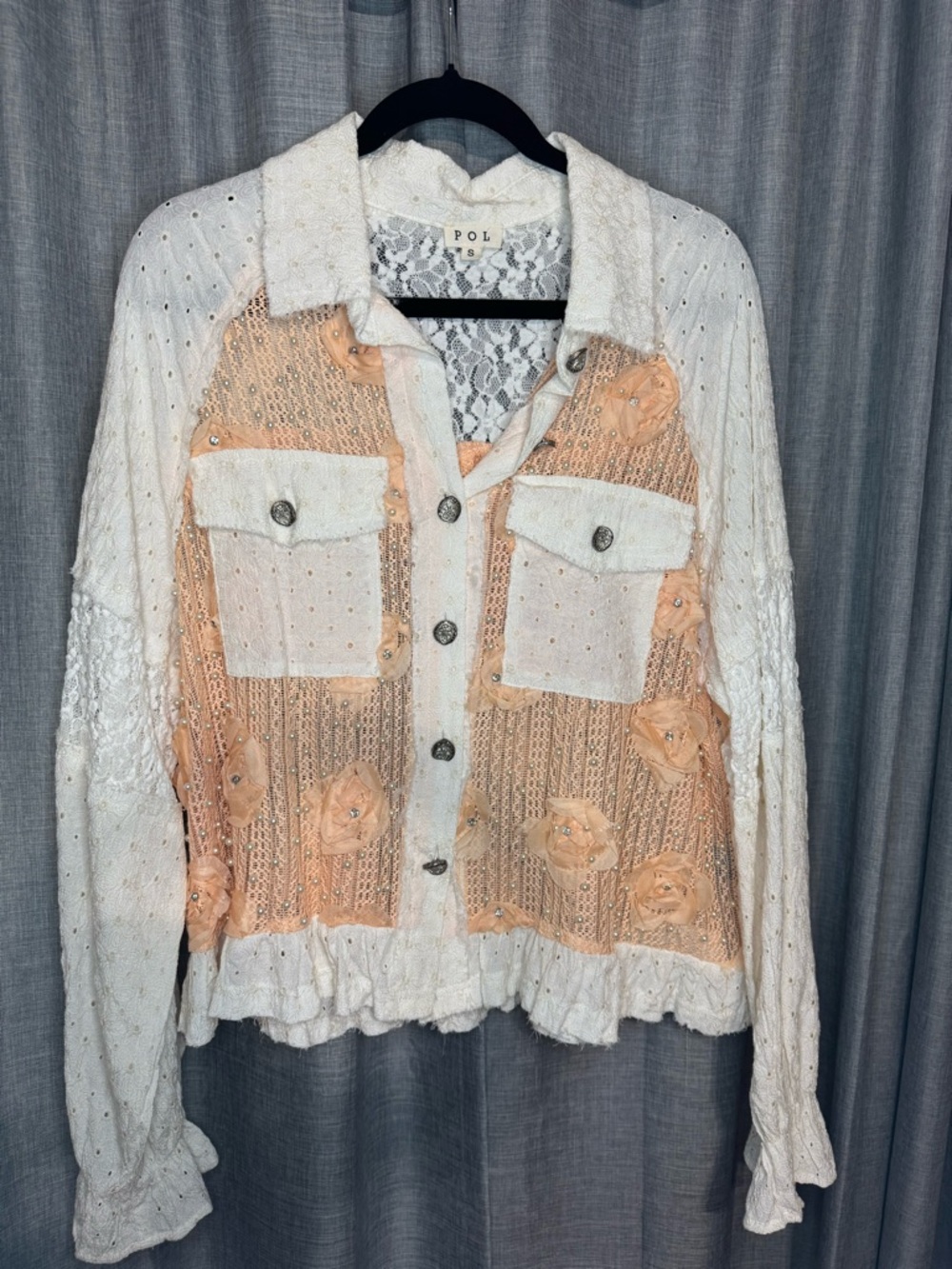 POL Ivory and Peach Floral Lace Button-Up Jacket